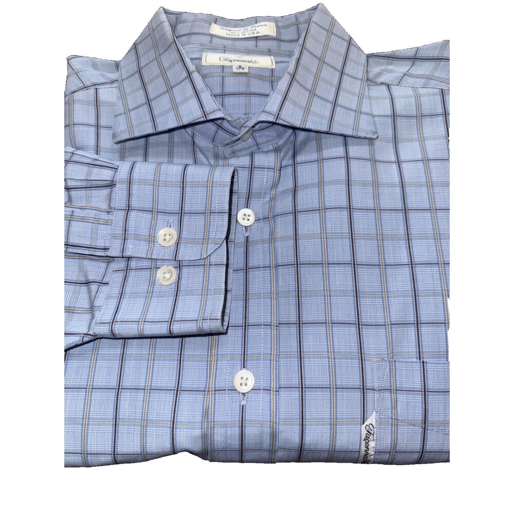 Faconnable Blue Brown Tan Plaid Long Sleeve Button Down Shirt Men’s 17R USA Made